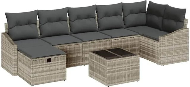 vidaXL Garten-Sofa-Set 8-teilig in U-Form mit Kissen und Ottoman, Hellgrau, Poly-Rattan und Metallrahmen - Bild 1