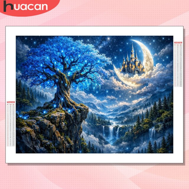 HUACAN 5D DIY Diamant-Mosaik Set Baum-Landschaft mit Wasserfall und Bergen, Multicolor, B/H: 30 x 20 cm - Bild 1