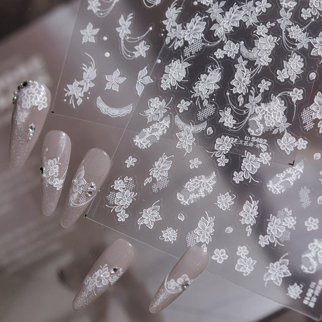 NAILFYOU Nagelaufkleber Weiße Spitzen-Blumen, 5D Geprägte Blumenrelief, Glänzend - Bild 1