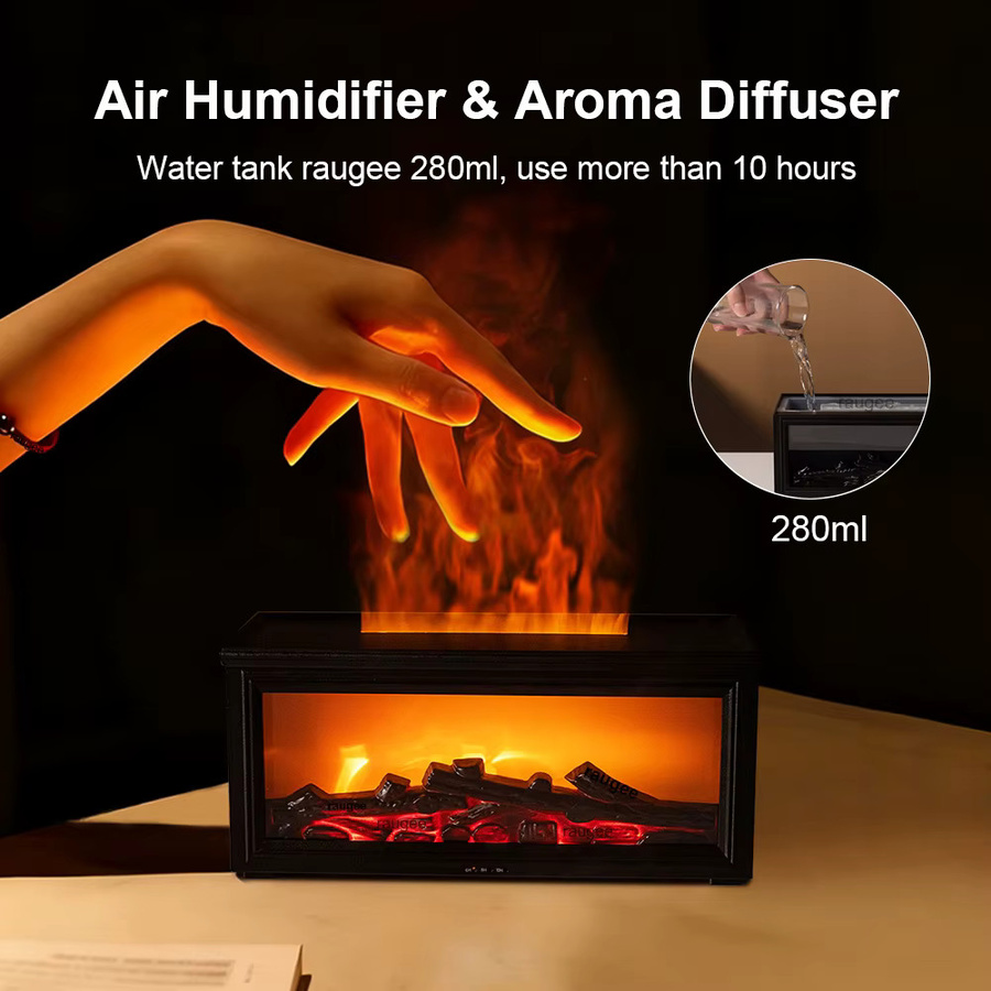 raugee Aroma Luftbefeuchter mit Flammen-Effekt, Ultraschall Diffusor für ätherische Öle, Schwarz, mit Fernbedienung und Duftfach - Bild 2