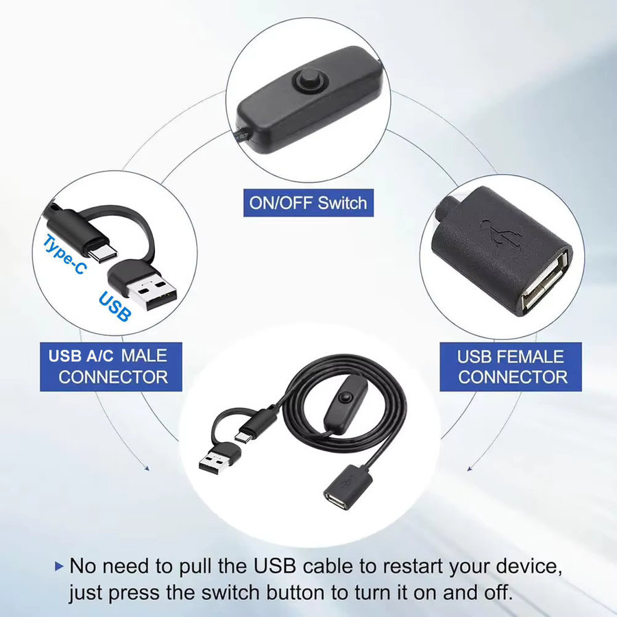 USB Typ-C auf USB 2.0 Verlängerungskabel mit Ein- und Ausschalter für Datenübertragung und Laden in Schwarz - Bild 2