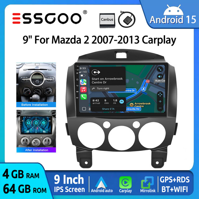 ESSGOO Android 15 Auto Stereo Radio mit 9 Zoll Display, Wireless Carplay und Android Auto, GPS, WiFi, Bluetooth und USB für Mazda 2 2007-13, Schwarz - Bild 1