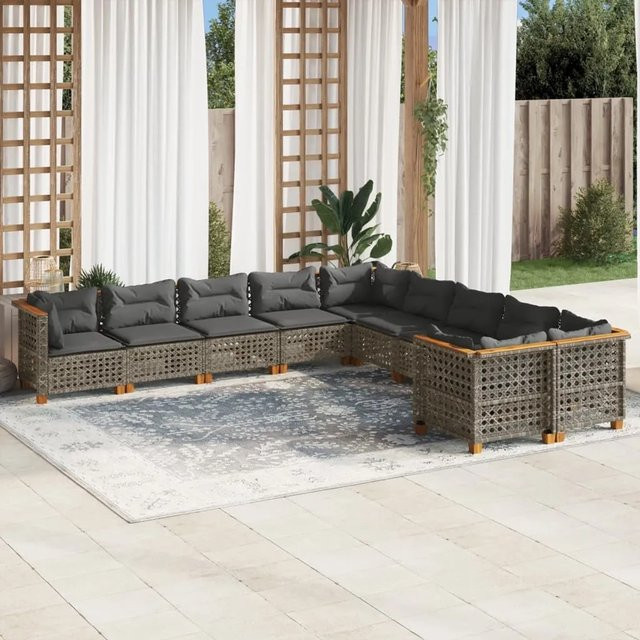 vidaXL 10-tlg Garten-Sofagarnitur in U-Form aus Polyrattan und Akazienholz mit Kissen, Grau - Bild 1