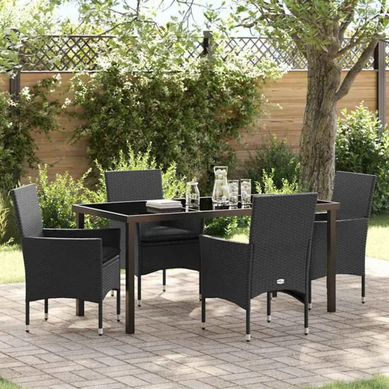 5-teiliges Garten-Essset aus Poly-Rattan mit Kissen in Schwarz von vidaxl - Bild 1