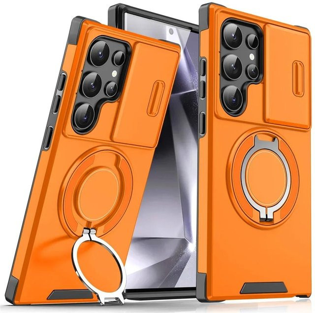 Armor Magnetische Schutzhülle für Samsung Galaxy S25 S24 S23 S22 S21 S20 Ultra Plus FE mit Schiebekamera-Schutz und Stoßfestigkeit in Orange - Bild 1