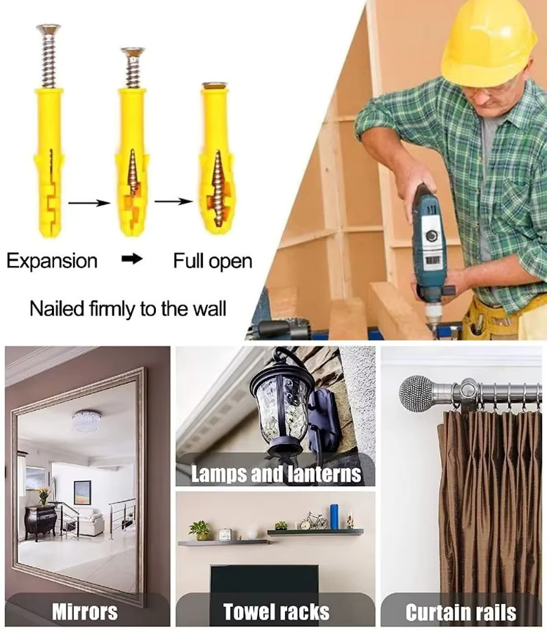 Gelbe Wandanker und Schrauben aus Nylon, robuste Kunststoff-Expansionsbolzen als Befestigungsbeschläge für Beton, Mauerwerk und Trockenbau - Bild 4