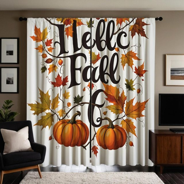 2er Set Thanksgiving Vorhang mit gelbem Kürbis und Ahornblatt Motiv, Weiß, B: 132 cm, H: 160 cm - Bild 1