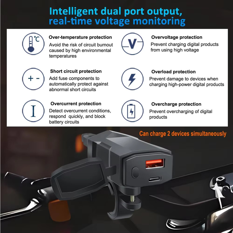 Motorrad USB Ladegerät mit Voltmeter und PD QC3.0 Schnellladefunktion, Dual USB Buchse mit USB-C, wasserdicht, Schwarz, 12V Adapter für den Lenker - Bild 2