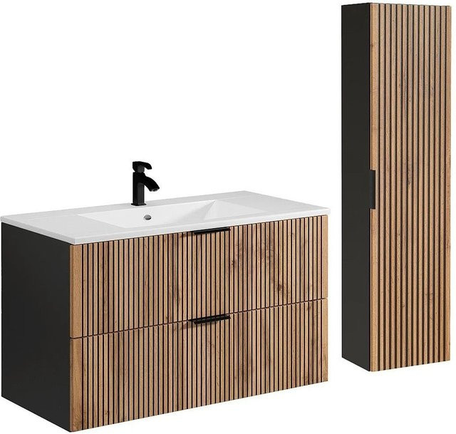 Vente-unique Badmöbel-Set Madela in Schwarz und Naturfarben mit Waschbeckenunterschrank, Einbauwaschbecken und Badhochschrank, Breite: 100 cm - Bild 1