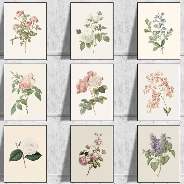 MINISO Vintage Wandbild mit rosa Rosen und lila Zweigen als floraler Leinwanddruck im Portraitformat - Bild 1