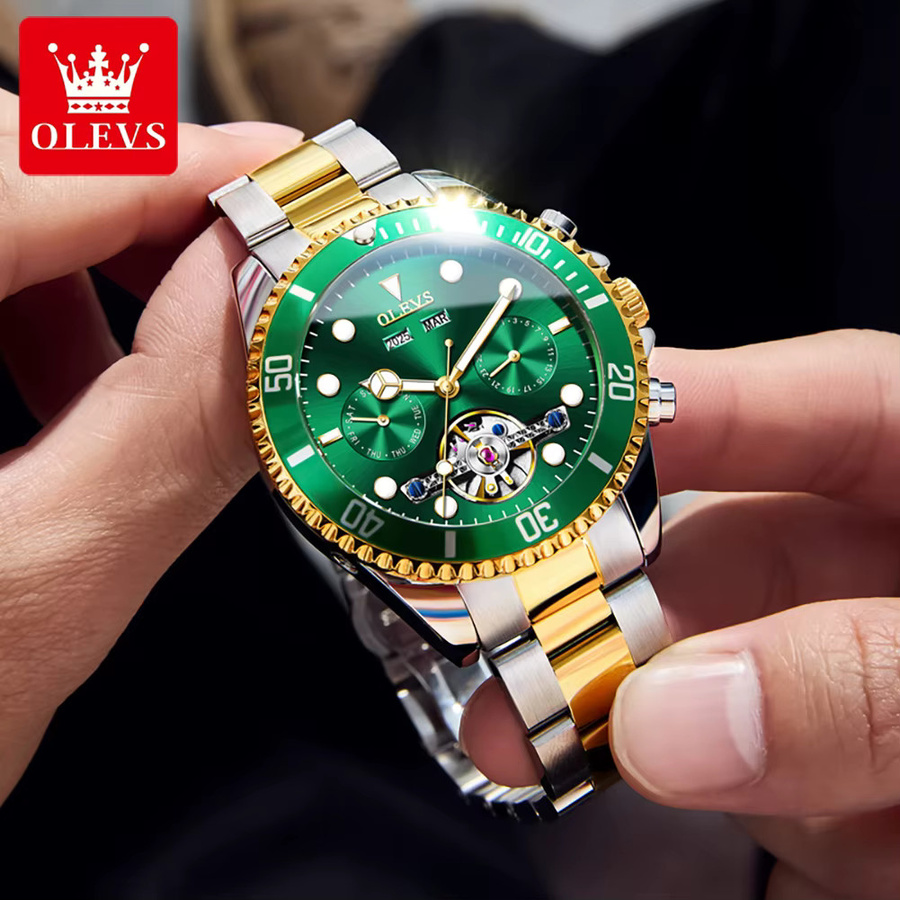 OLEVS Armbanduhr Automatik, Edelstahl, Grün, Gold, Herren - Bild 2