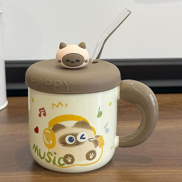 Yiran toy 1 Keramiktasse mit Deckel im Siamkatzen-Design, Mehrfarbig, 420 ml - Bild 1