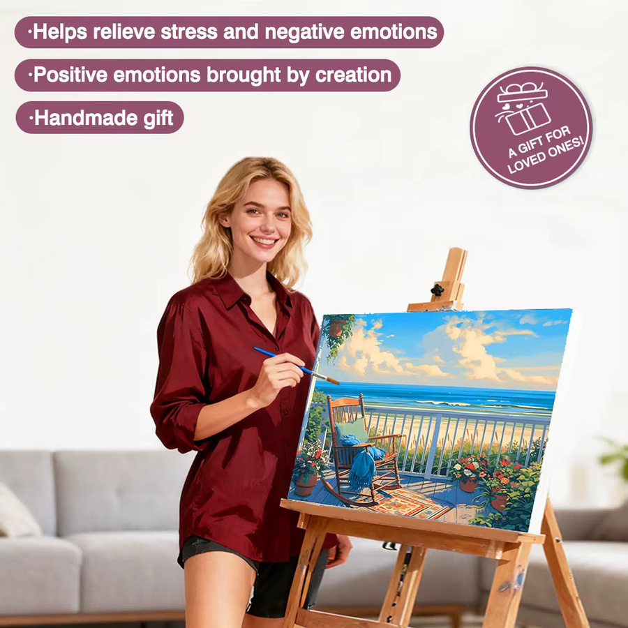 Huacan Malen nach Zahlen Set: DIY Strandlandschaft mit Blumen und Stuhl in Mehrfarbig - Bild 2