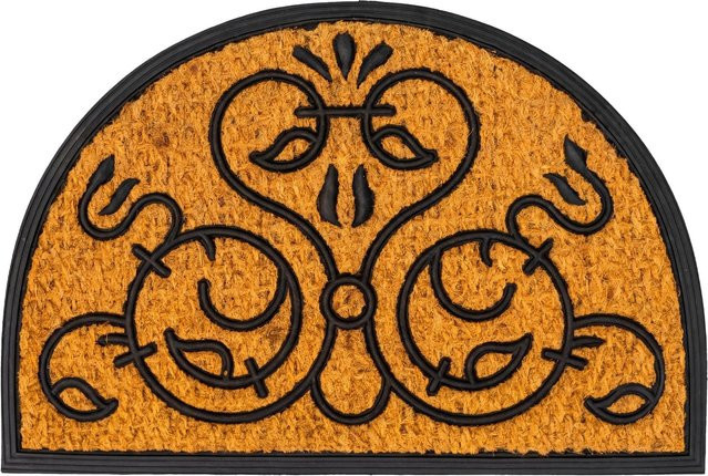 Relaxdays Fußmatte aus Kokosfaser und Gummi, halbrund mit Ornament, rutschfest und wetterfest, Schwarz/Beige/Braun, B: 60 cm, T: 40 cm, H: 1 cm - Bild 1