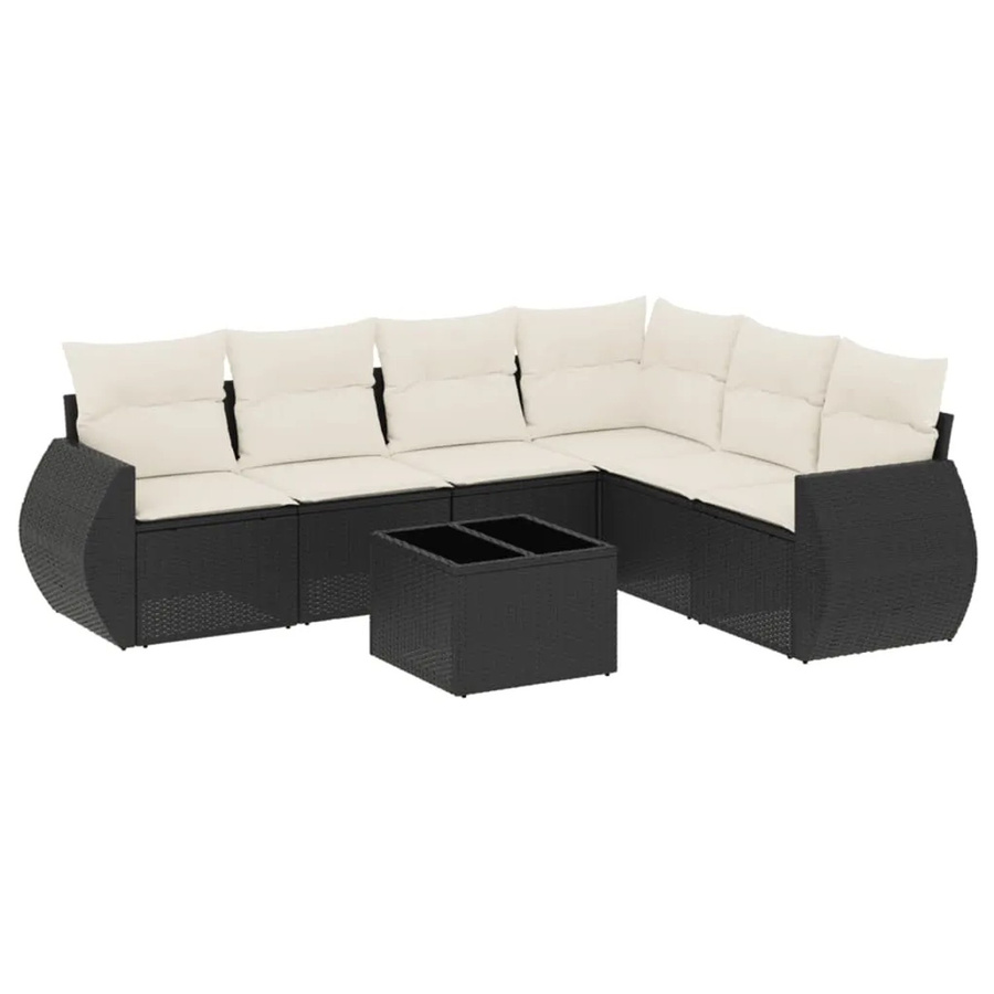 vidaXL 7-teilige Garten-Sofagarnitur in L-Form aus Poly-Rattan mit Kissen in Schwarz-Creme - Bild 2