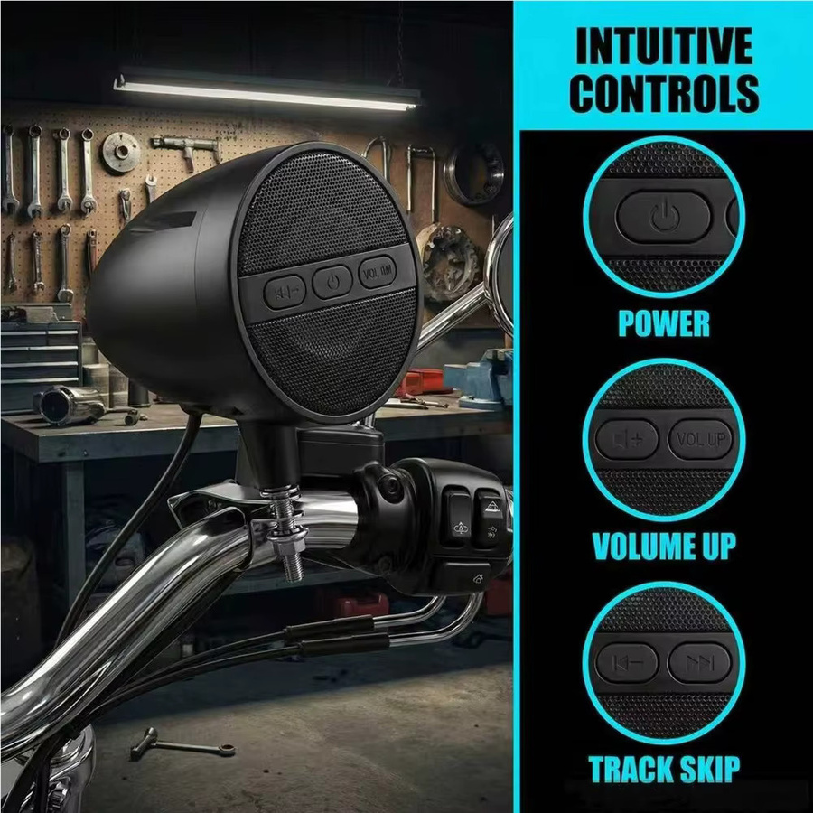Wasserdichter Motorrad-Bluetooth-Lautsprecher in Schwarz mit FM-Radio, USB und Unterstützung für WMA, MP3 und WAV für 12 V Systeme - Bild 2