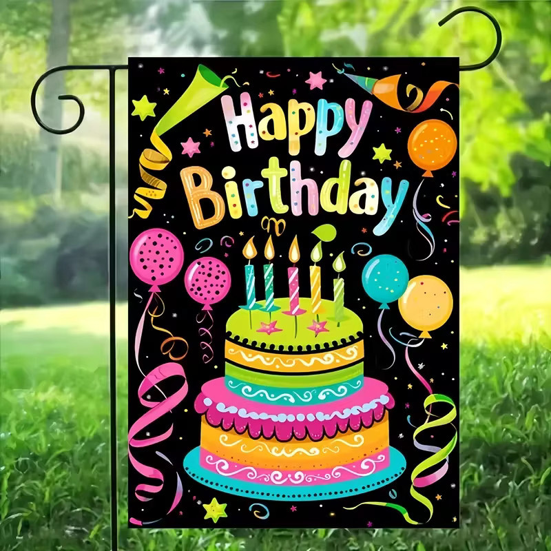 VIKAMA Happy Birthday Gartenflagge mit Cartoon-Kuchen-Aufdruck, Mehrfarbig, B: 30 cm, H: 45 cm - Bild 3
