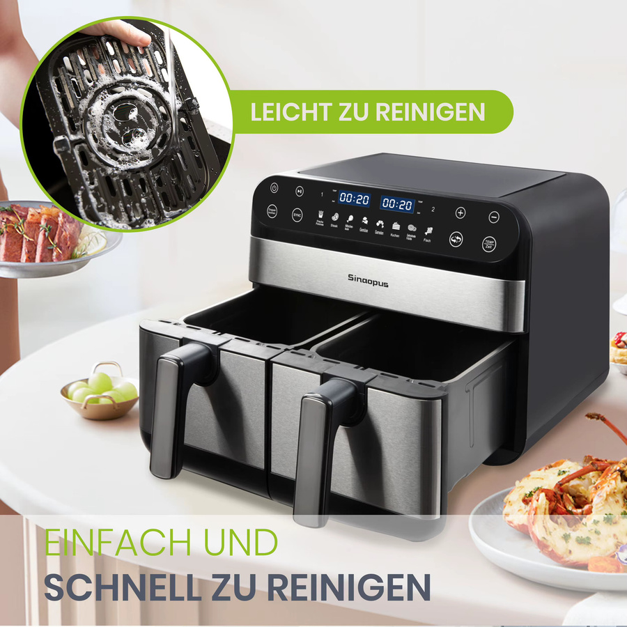 Sinaopus Doppelkorb Heißluftfritteuse mit 10 Litern Volumen, 2400 W, Dual Zone Technologie, LED-Touch-Steuerung, Schwarz - Bild 5