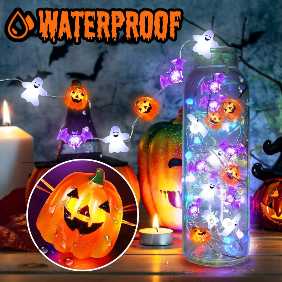 Peach Forest Halloween LED Kupferdraht Lichterkette mit Mini Geistern, Kürbissen und Fledermäusen, wasserdicht, batteriebetrieben, Mehrfarbig - Bild 4