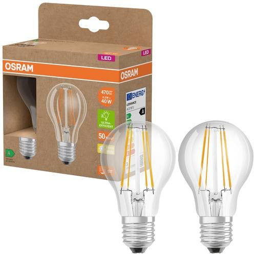 OSRAM HOMELIGHTING LED E27 Glühbirne A60 Warmweiß 2,2W (entspricht 40W), 2er Pack, Durchmesser: 60 mm, Höhe: 60 mm - Bild 1