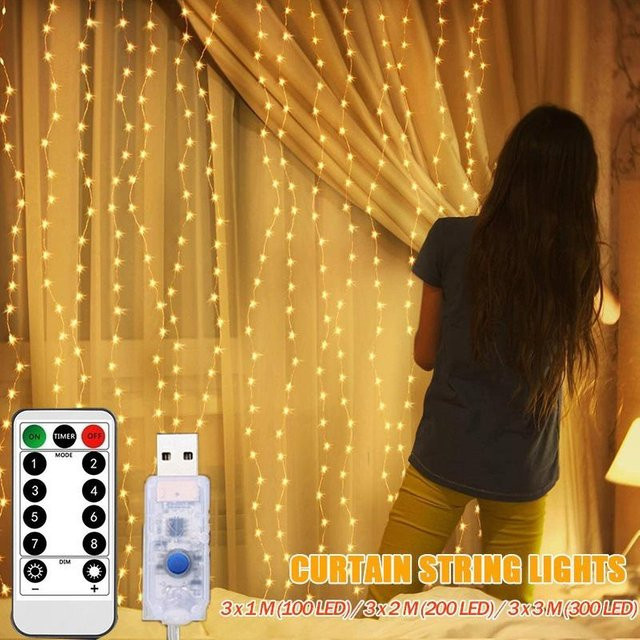 LED Vorhang Lichterkette mit 100 LEDs in Warmweiß, USB-Betrieb und Fernbedienung, B: 3 m x H: 1 m - Bild 1