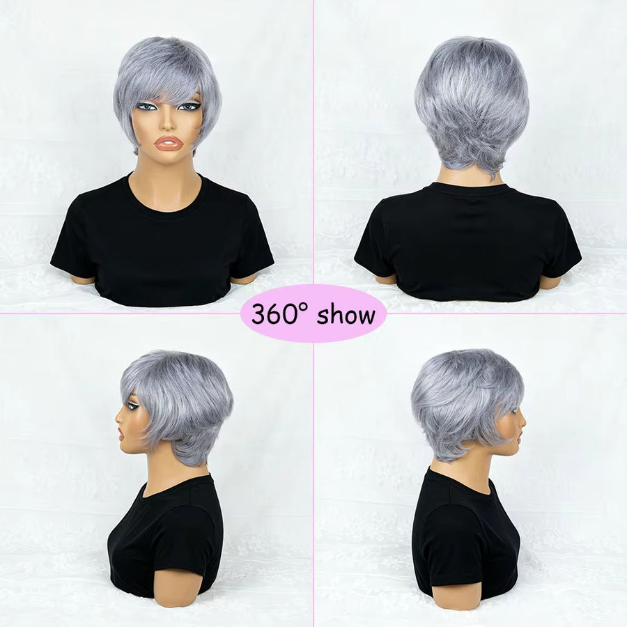 OYM HAIR Pixie-Schnitt-Perücke, kurz, glatt, Echthaar, grau, Damen - Bild 4