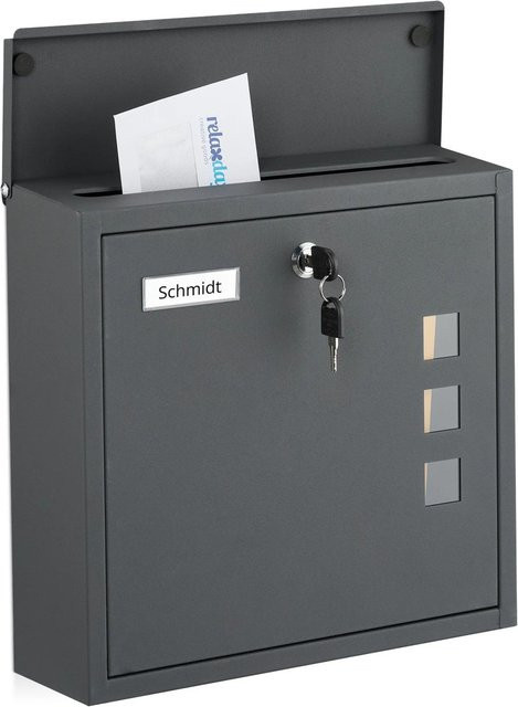Relaxdays Briefkasten aus Eisen in Anthrazit mit Sichtfenster und Namensschild, B/T/H: 35 x 33 x 12 cm - Bild 1