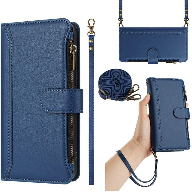 Leder-Brieftasche als Klapphülle für Google Pixel Modelle mit Kartenfächern, Reißverschlusstasche und Crossbody-Riemen in Blau - Bild 1