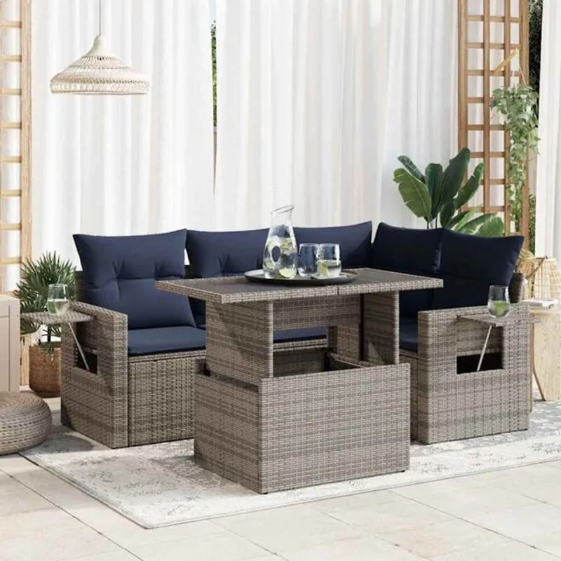 Vidaxl 5-teilige Garten-Sofagarnitur aus Polyrattan und Akazienholz mit Kissen in Grau - Bild 1