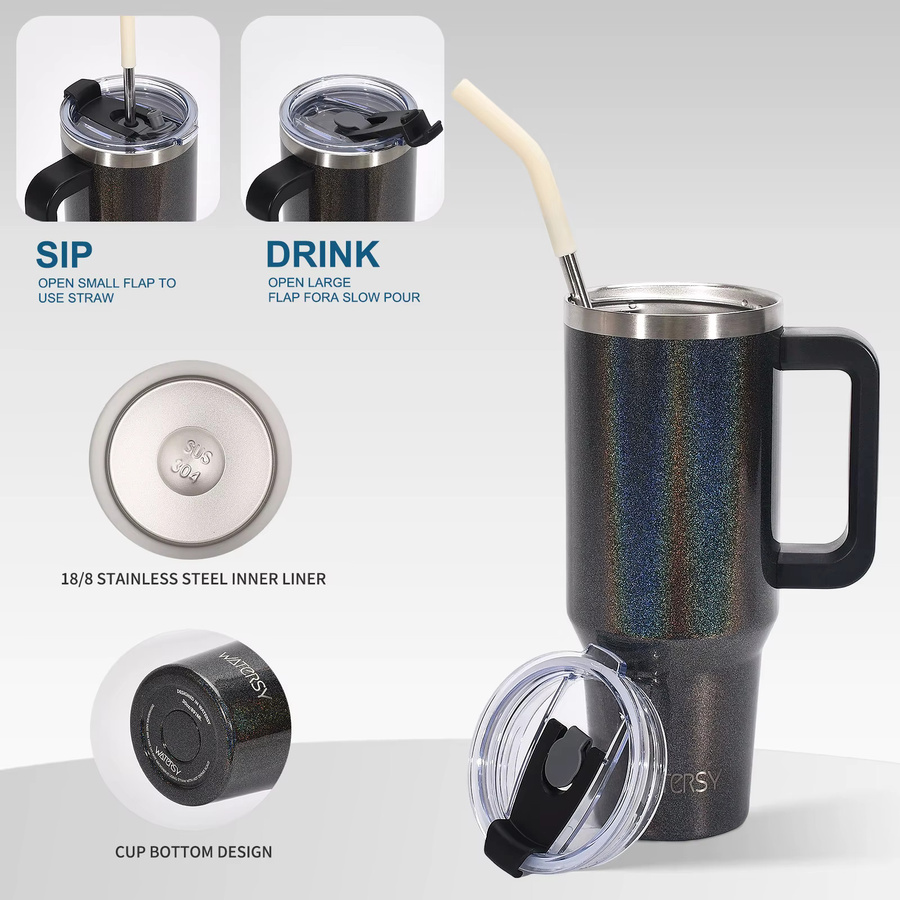 WATERSY Thermobecher Tumbler aus Edelstahl mit Griff und Strohhalm, isoliert, Schwarz - Bild 4