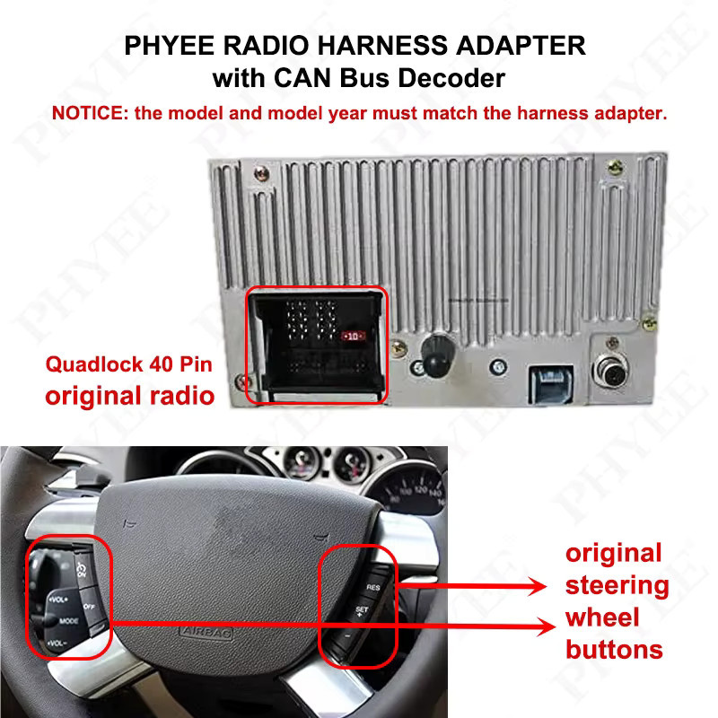 PHYEE CAN-Bus-Decoder mit Quadlock-Kabelbaum und SWC-Retention als Plug-and-Play 16-Pin-Adapter für Ford Focus Fiesta Mondeo Transit Kuga in Schwarz - Bild 2