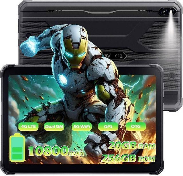 HOTWAV Tab R10 Pro Tablet Schwarz mit 256 GB Speicher, 20 GB RAM, 10.1 Zoll Touchscreen, Android 14, 10080 mAh Akku, 4G LTE, GPS und IP68/IP69K Schutz - Bild 1