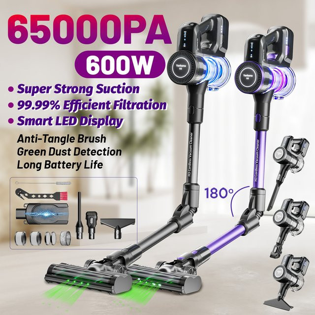 Yanhama Kabelloser Staubsauger mit 600W Leistung, 65KPA Saugkraft, 180° klappbarem Design, Anti-Wickel-Bürstenwalze und abnehmbarem Akku für 60 Minuten Laufzeit in Schwarz-Lila - Bild 1