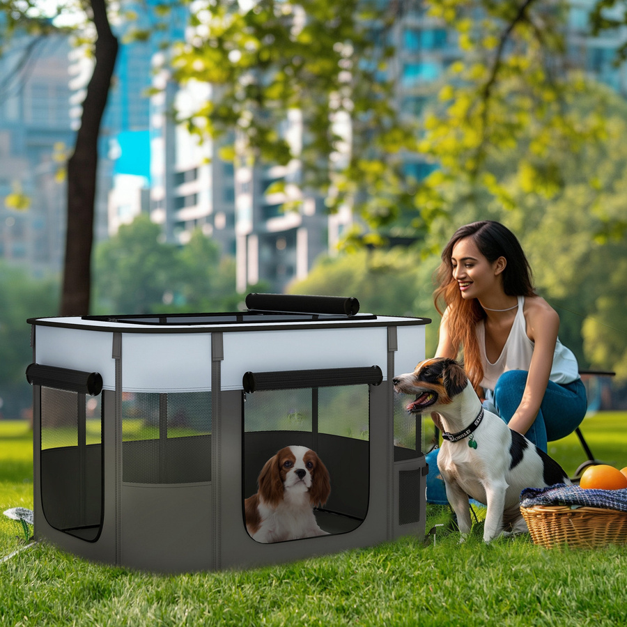 PawHut Welpenauslauf faltbares Laufgitter mit Türen und Fenstern für kleine Hunde und Kleintiere, Grau, B/T/H: 94 x 74 x 60 cm - Bild 2