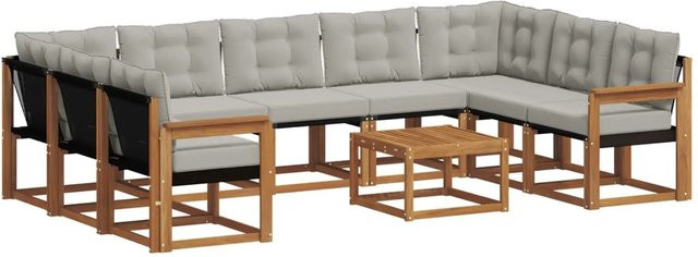 vidaXL Outdoor-Sofagarnitur in L-Form aus Massivholz Akazie und Textilene mit Kissen, Hellgrau - Bild 1