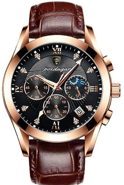 POEDAGAR Armbanduhr Quarz, Edelstahl, Leder, Herren, braun - Bild 1