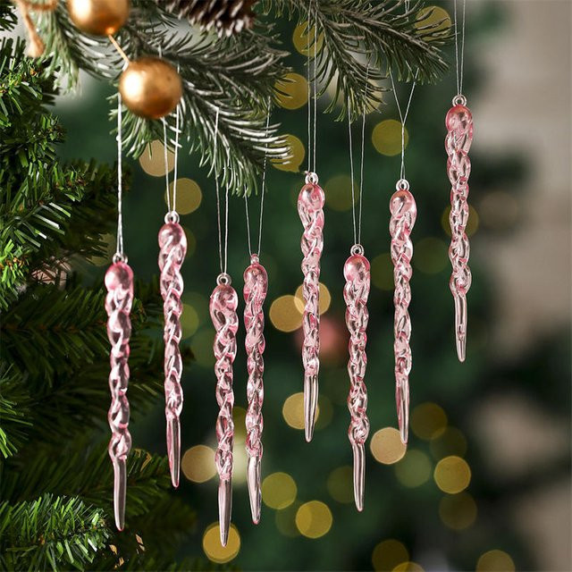 Beeinch Weihnachts-Schneeflocken-Ornament aus Acryl in Transparent und Pink mit Eiszapfen-Design als hängender Weihnachtsbaum-Anhänger - Bild 1