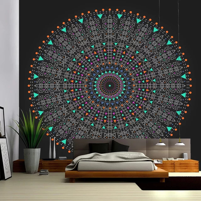VIKAMA Wandteppich im Boho-Stil mit Mandala-Design, rund, mehrfarbig, Textil-Wanddekoration mit geometrischen Mustern - Bild 1