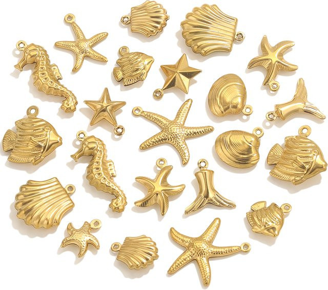 baizzx Charms Anhänger Edelstahl, Gold, Seestern, Muschel, Fischschwanz, Hippocampus - Bild 1