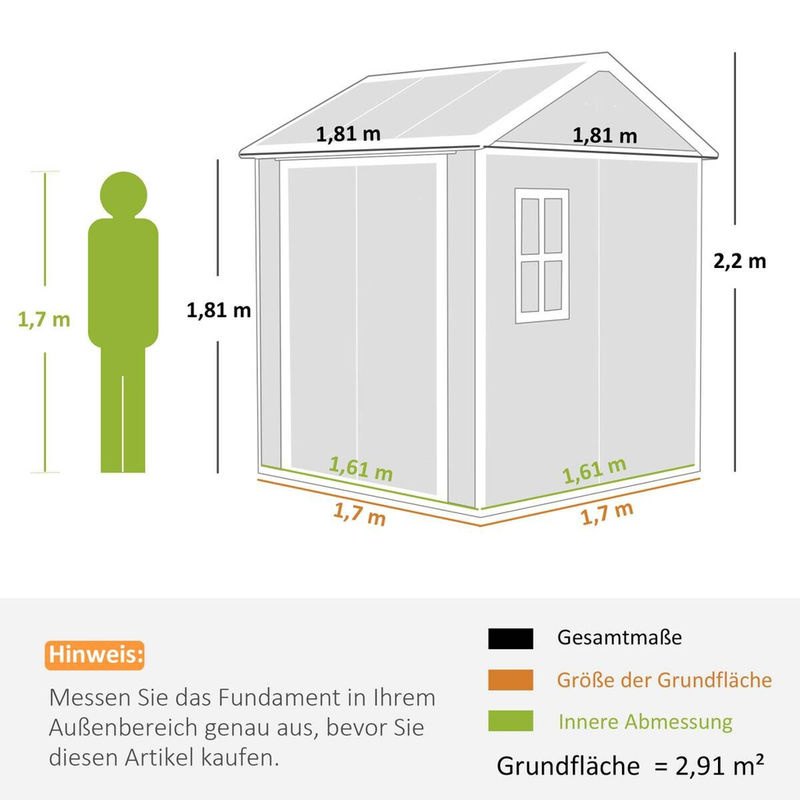Outsunny Geräteschuppen mit Satteldach und Fenster in Grau, wetterfestes Gartenhaus mit Boden und abschließbarer Tür, B/T/H: 181 x 181 x 220 cm - Bild 4