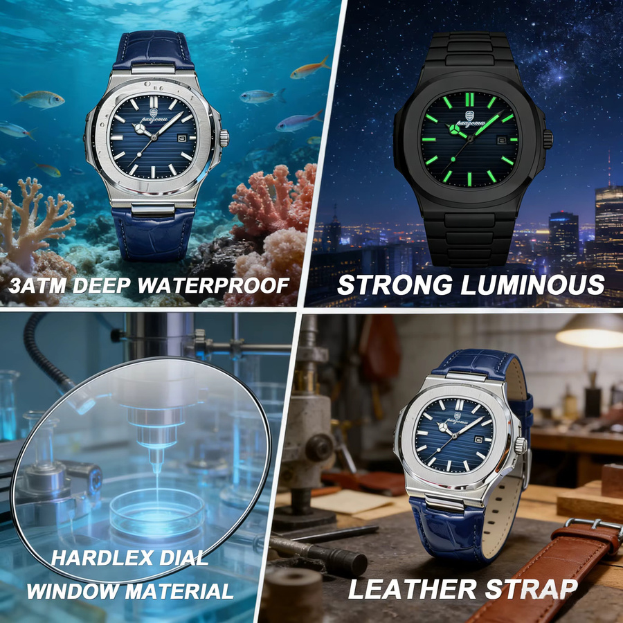 PAAZOMU Herrenuhr, Quarz, Eckig, Blau, Leder, Edelstahl, Herren - Bild 3