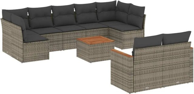 vidaXL 10-tlg Garten-Sofagarnitur Modell 76 aus Poly Rattan und Akazienholz in Grau mit Kissen - Bild 1