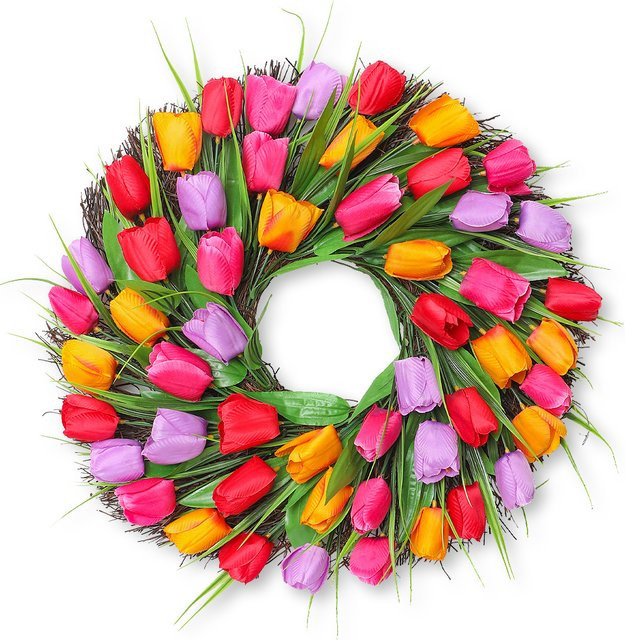 Lichtbeständiger künstlicher Tulpenkranz in Lila und Mehrfarbig, runde florale Wanddekoration für Frühling und Ostern, Durchmesser: 45 cm - Bild 1