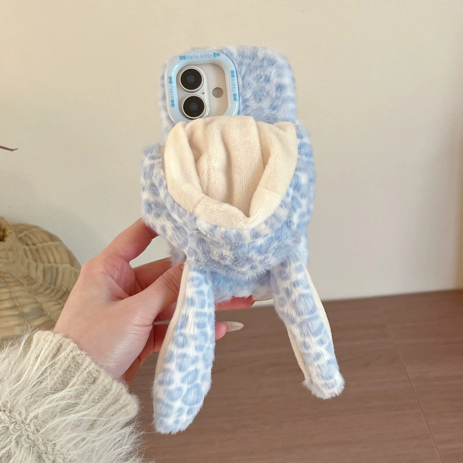 Luxus Plüsch Handyhülle mit Leopardenmuster und Kaninchenohren in Pink für iPhone 17 Pro 16 Plus 15 14 13 Pro Max - Bild 2
