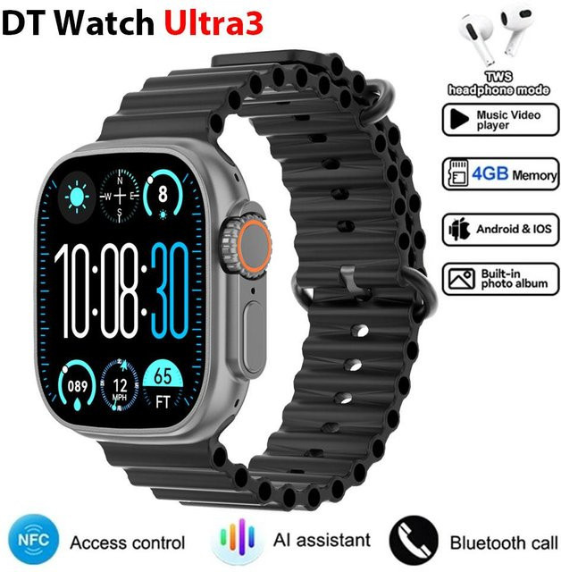 DT Ultra 3 Smartwatch mit Amoled Bildschirm, 4GB Speicher, MP3/MP4 Player, Bluetooth, ChatGPT Smart AI und Silikonarmband in Schwarz - Bild 1