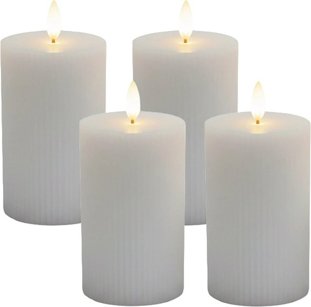 Relaxdays LED Kerzen 4er Set aus Echtwachs in Hellgrau mit flackerndem Flammeneffekt und Rillen-Design, Höhe: 13 cm, Durchmesser: 7,5 cm - Bild 1