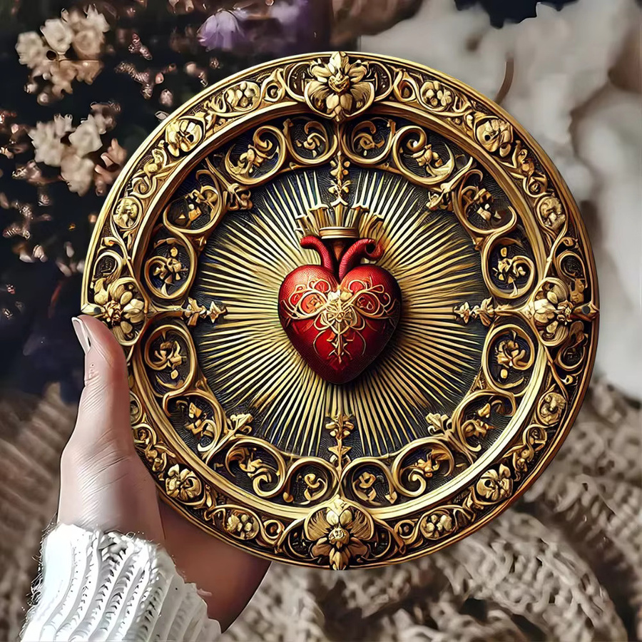 HELLOYOUNG Vintage-Wandkunst aus Aluminium mit Heiligem Herz in Gold und Rot, religiöse Dekoration für dein Zuhause - Bild 3