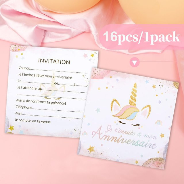 French Dream Einhorn-Geburtstagseinladungskarten mit Stern- und Regenbogen-Elementen in Gold und Rosa, 16 Stück, Unisex - Bild 1
