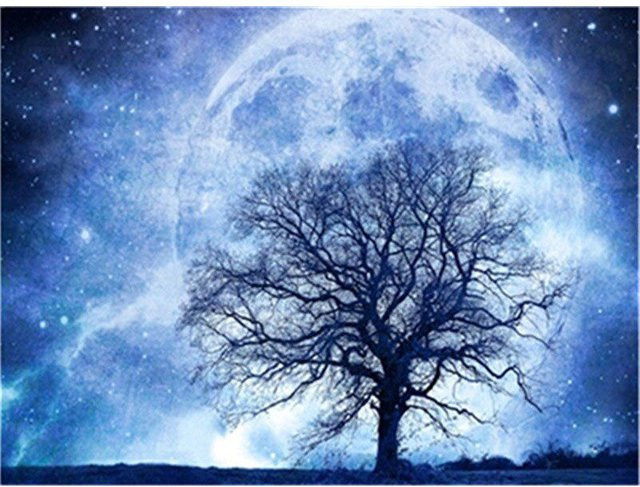 FIYO 5D DIY Diamantstickerei Landschaft mit Mond und Baum in Grau und Blau, B x H: 20 x 30 cm - Bild 1