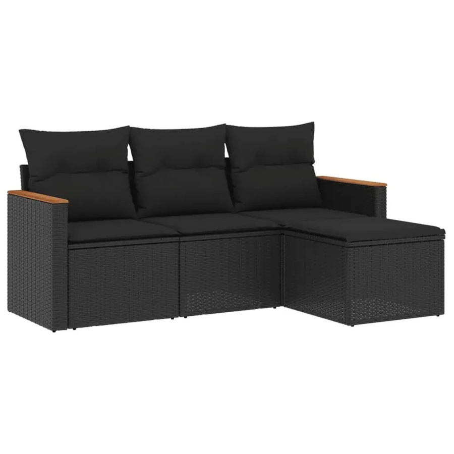 vidaXL 4-tlg. Garten-Sofagarnitur in L-Form aus Polyrattan und Akazienholz in Schwarz mit Kissen und Stauraum - Bild 2